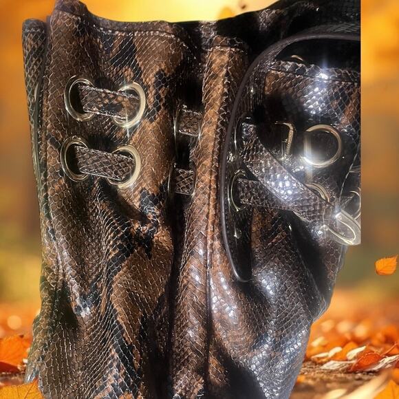 Jimmy Choo Ramona Brown Snakeskin Embossed Leather Cinched Satchel Bag - Picture 9 of 13